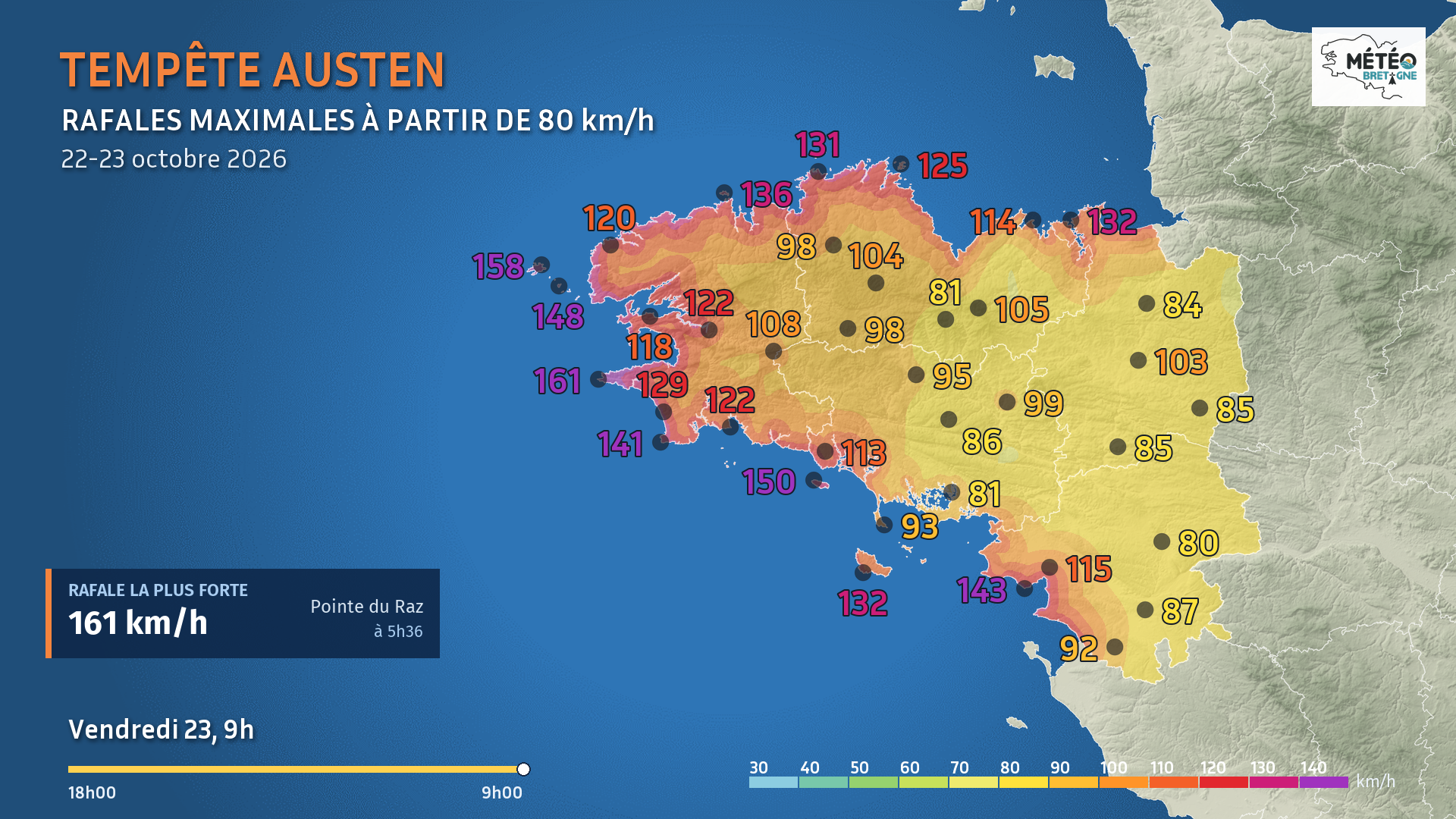Tempête Austen en Bretagne : jusqu’à 161 km/h, suivez l’évolution de la situation